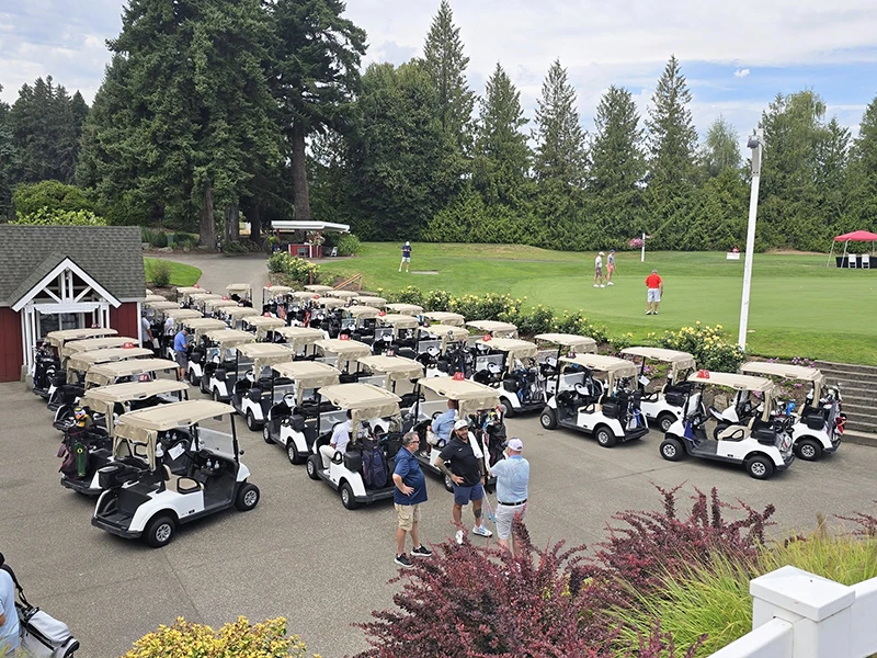 Golf carts arranged in a grid, ready for players to start the tournament.