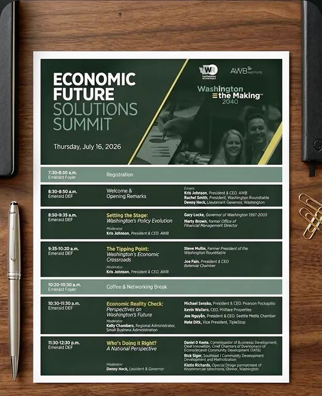 A dark green document with white and pale green words is on a wooden table surrounded by a pen, paperclips, and what appear to be the edge of a computer and a notepad. The document is titled Economic Future Solutions Summit. It is an agenda for Thurs, July 16, 2026.