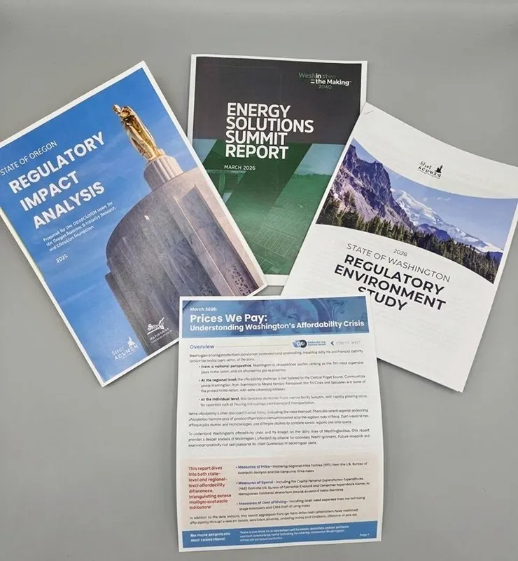 Four documents are spread on a grey table. One has a photo of a statue and the words Regulatory Impact Analysis. Tucked under the corner of that document is another page with Energy Solutions Summit Report in white letters on a grey and green background. On top of the corner of that document is the State of Washington Regulatory Environment Study. The top of the stack is a page titled Prices We Pay: Understanding Washington's Affordability Crisis.