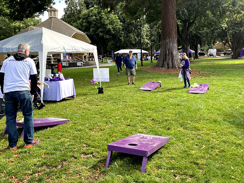 People play cornhole on purple cornhole boards at the park
