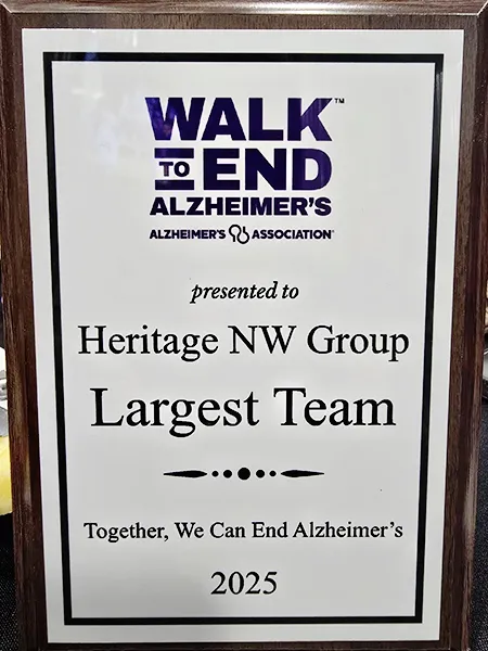 Plaque from the Alzheimer's Association presented to Heritage NW Group, the Largest Team.